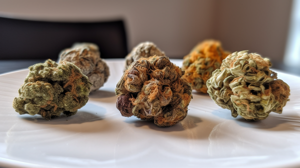 colorful cannabis buds on white ceramic plate